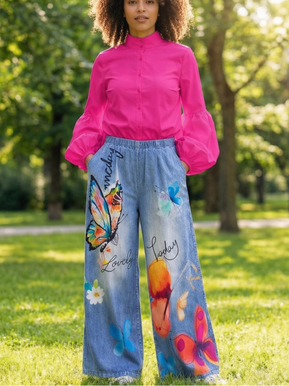 Butterfly Print Knit Denim Wide-Leg Pants | High Waist | Soft Stretch | M - Picture 2 of 14